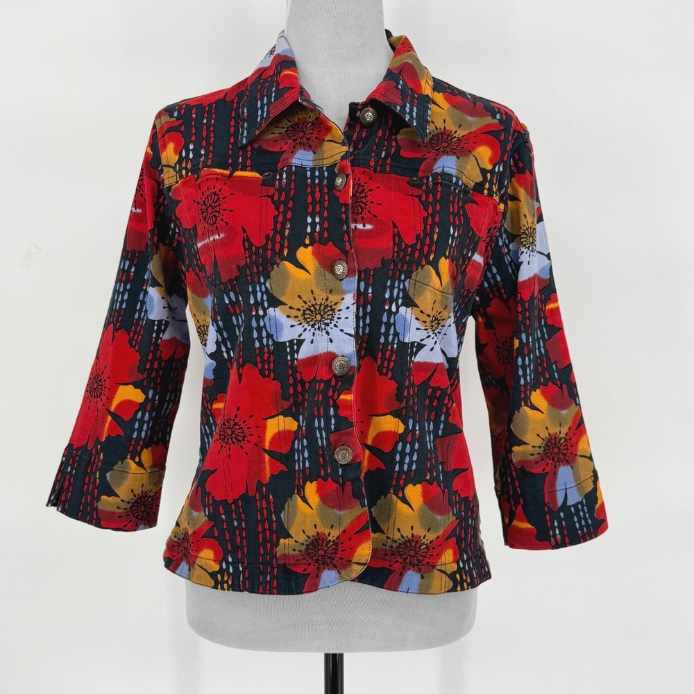 VTG Kaktus  Jacket Size XL Wearable Art To Wear‎ Abstract Button Up Red Floral